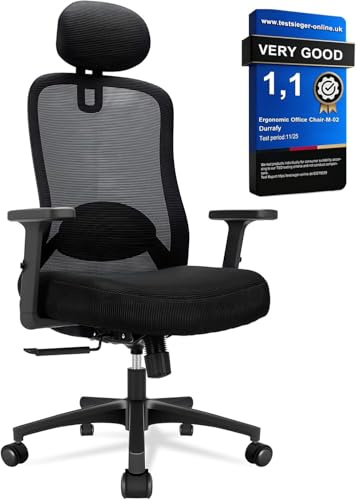 Durrafy Ergonomic Office Chair, 4D Lumbar Support Mesh Desk Chair with 90° Folding Armrests, 150kg Load Height Adjustable Computer Chair for Home Office, Black