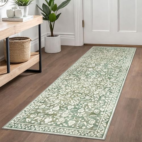 SILOLOOM Vintage Washable Runner Rug 2x6, Sage Green Beige Runners for hallways, Super Soft Kitchen Runner Rug Non Slip, Printed Faux Wool Floral Thin Carpet Runner for Entryway Laundry Room Bedroom