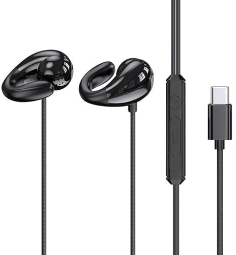 fesoklaf Auriculares de clip de oreja abierta con cable para correr con micrófono de 3,5 mm/conector tipo C, control en línea, auriculares estéreo para oficina, ciclismo, correr, gimnasio,