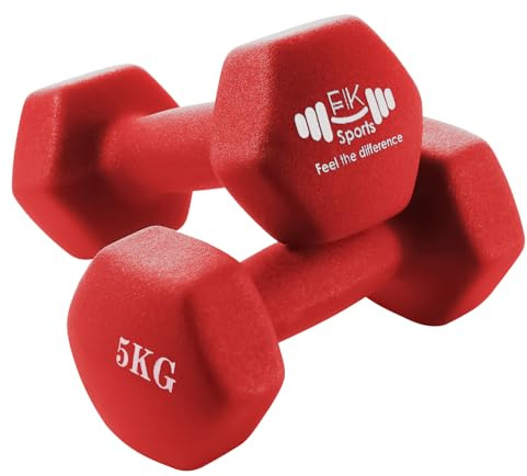 FK Sports Dumbbell Set, 5Kg x 2, Red, Neoprene & Cast Iron, Fixed Style, Non-Slip & Sweat Resistant, Home Gym Equipment for Arms & Shoulders