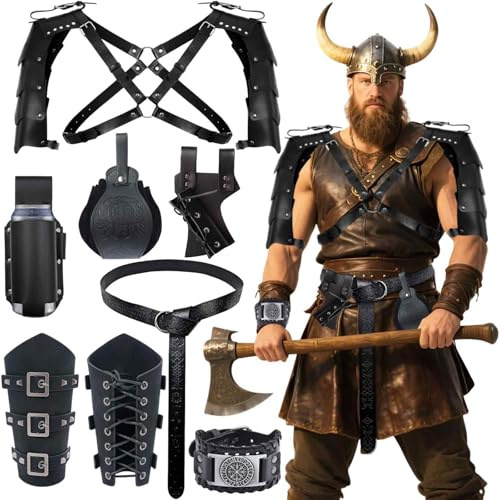 Tianher 7 Pezzi Costume Medievale, Set di Abbigliamento Medievale da Uomo e Donna Costume Vichingo Accessori Costumi Medievali Rinascimentali per Accessori Pirata Halloween Carnevale Cosplay