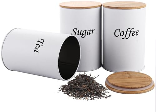 LOLYSIC Juego de 3 botes herméticos redondos de metal para té, café, azúcar, 9,5 x 9,5 x 14,2 cm, color blanco