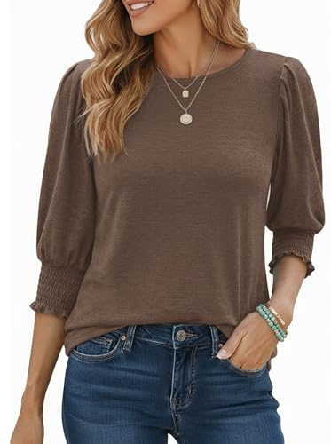 Aottori Magliatta Donna Maniche 3/4 Scollo Rotondo Maglia Manica Tre Quarti Sbuffo Elegante Estiva T-Shirt Elasticizzato Larga Top Basic Leggera Casual Marrone L