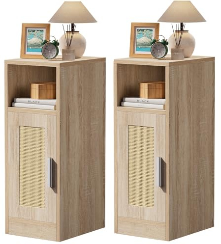 IBUYKE Ensemble de 2 Tables de Chevet Fines, Table de Nuit en rotin avec Compartiments Ouverts et Placard pour Petits espaces, Petite Table d'appoint étroite pour Chambre à Coucher et Salon, Naturel