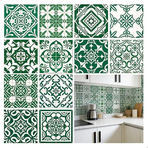Piastrelle Adesive, Mattonelle Adesive Cucina Piastrelle Adesive Bagno, PVC 20x20cm Impermeabili Autoadesivi, 12 Pcs Verde per Cottura Parete
