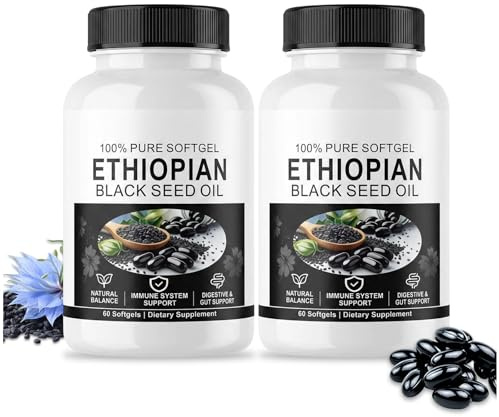 KutaKuta 2 Bottle Purely Ethiopian Black Seed Oil Capsule, 100% Pure Virgin Nigella Sativa Softgels with 60 Organic Cold Pressed, Stabilise Blood Pressure, Boost Immunity for Men Women