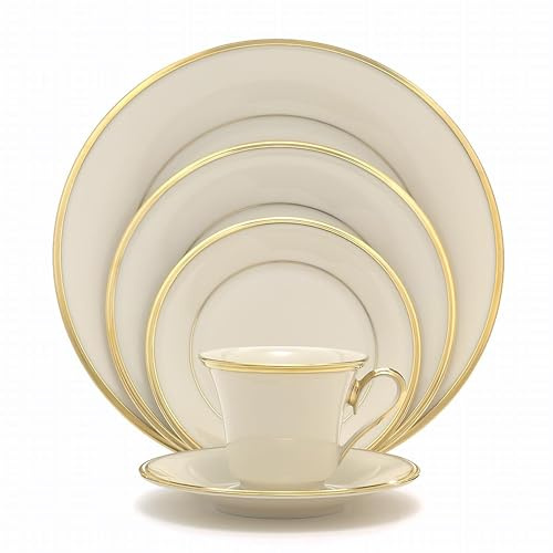 Lenox Dinnerware Set, Eternal 5-Piece Place Setting, 24-Karat Gold Accents Set, Service for 1, Made Of Ivory Porcelain, Dishwasher Safe, Plates, Cups And Saucers, Home And Kitchen (Ivory, 5 Piece)