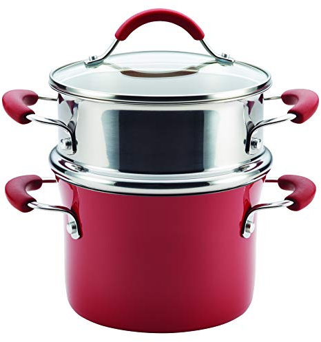 Rachael Ray Cucina Hard Porcelain Enamel Nonstick Multi-Pot / Steamer Set, 3-Quart, Cranberry Red - 16800