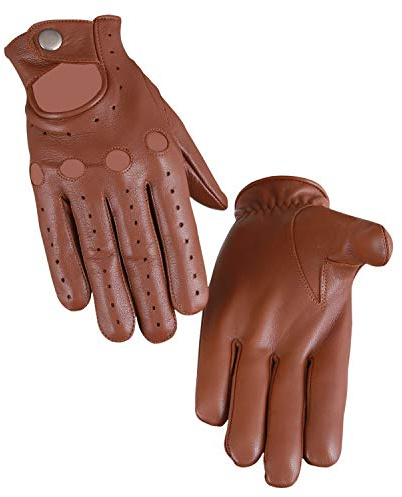 REAL EMPIRE Men's Driving Sheep Leather Luxury Gloves (Brown, Large)