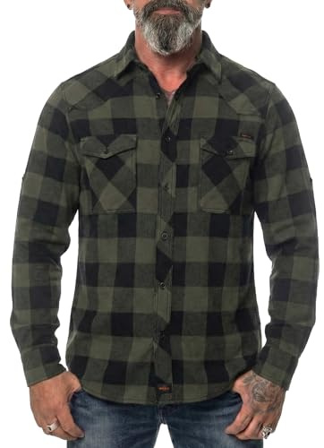 ROCK-IT Apparel Camisa de Franela Hombre Manga Larga - Leñador Con Tejido Muy Suave - a Cuadros Con Bolsillos y Botones Delanteros [S-5XL] Casual Negro/Olivo XL