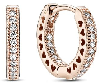 PANDORA Signature Pavé-Herz Creolen aus 14 Karat rosévergoldeterr Metalllegierung mit klaren, funkelnden Cubic Zirkonia und ausgestanzten Herzen