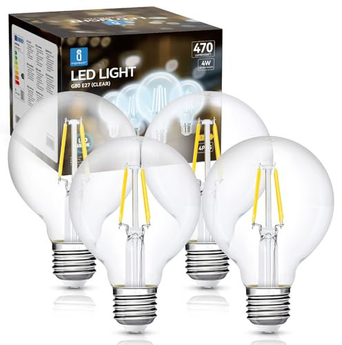 Aigostar Ampoule LED Edison Rétro Vintage Filament E27 4W équivalant à Ampoule Halogène de 40W, 470 Lumens, Blanche Froide 6500K, Lampe Décorative G80, Angle de 300º, CRI ≥ 80, Lot de 4