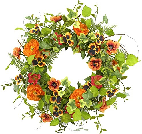 WreathDream 20 inches Spring Summer Wreath for Front Door Summer Wreath with Orange Poppy,Pansy Flower,Wild Rose,Ivy Leaves,Rose Leaf for Front Door Indoor Outdoor Farmhouse Wall Holiday Decor