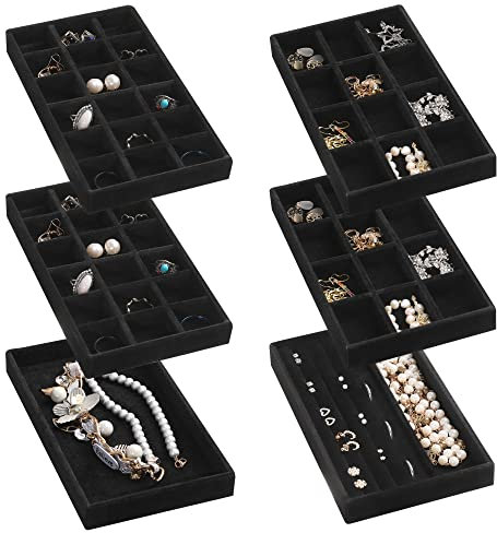 Frebeauty Vassoio organizer per gioielli, vassoi impilabili in velluto, inserti per cassetti, organizer per orecchini da donna e, custodia per gioielli per anelli e collane a perno, set di 6 (nero)