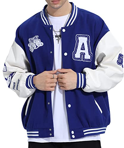 Eocicvvi universitetsjacka unisex Y2K broderad brevman bomberjacka casual baseballjackor, 2 blå, XXL