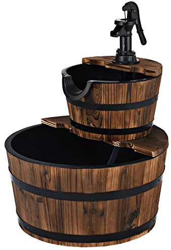 TANGZON Wooden Water Pump Fountain, Electric 2-Tier Barrel Waterfall Fountain with Adjustable Water Flow Speed, Plastic Lining & Water Hose, Outdoor 19L Cascading Feature Barrel for Garden Patio Yard