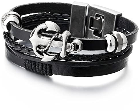 COOLSTEELANDBEYOND Herren Damen Anker Segeln Seil Schwarz Leder-Armband Wickeln Schweißband DREI Reihen Geflochtenes Leder Armband