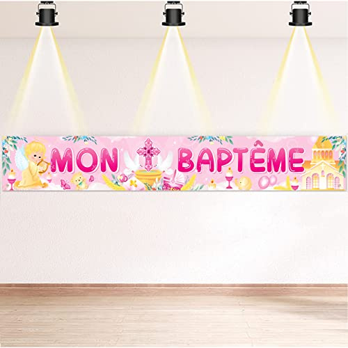DPKOW Rose Mon Baptême Bannière Décoration pour Fille Enfants, Bannière en Tissu pour Fille Bébé Baptême Decoration Intérieur Extérieur, 270 * 40cm