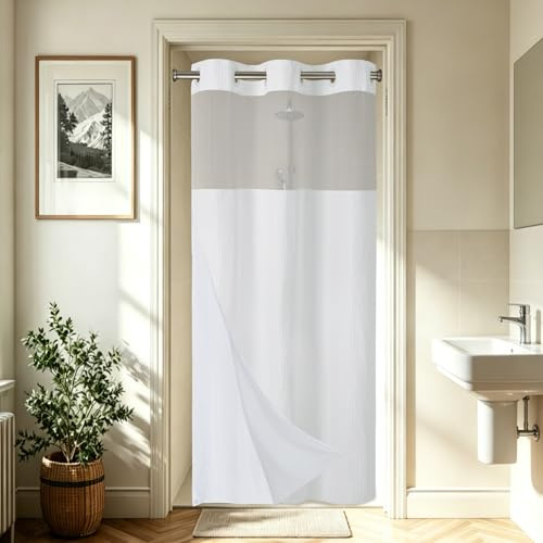 EUTXL - tungt duschdraperi utan ringar med foder, vit, 91 x 188 cm (36 x 74 | Snap in liner, tjockt våffeltyg, hotellkvalitet, hörnmagneter, vattentät och tvättbar