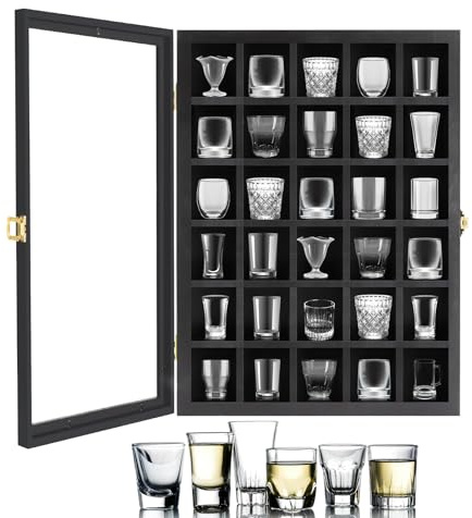 Shot Glass Display Case, 30 Shot Glasses Holder with Acrylic Door and Removable Shelve, Wall-Mounted Shadow Box for Home and Bar Decor, Black