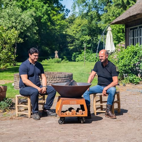 BBQ Plancha grill Brasero eldskål cortenstål med stora hjul och träförvaring Ø 75 cm
