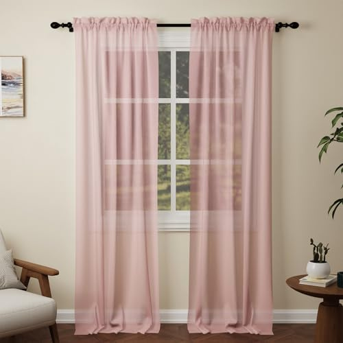 Pacok Pink Voile Curtains 108 Drop, 2 Panels Rod Pocket W56xL108 Inch | See Through Net Curtains for Windows Long Washable Sheer Curtain Panel for Living Room, Bedroom, Kitchen 142 x 274cm Drop