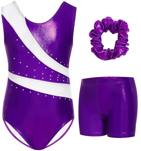 Gogokids Gymnastikset i tre delar med shorts, barn gymnastik ärmlös trikåer med ädelstenar, flickor glittrande gymnastikkläder med färgblock, design, atletiska danskläder för åldrarna 3-12, Lila vit
