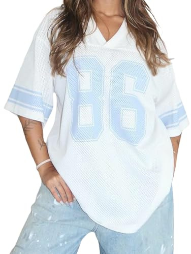 Feclmiyt Camicie oversize in jersey da donna con scollo a V con grafica numerica maglietta a maniche corte vintage preppy abbigliamento sportivo streetwear, M-01, M