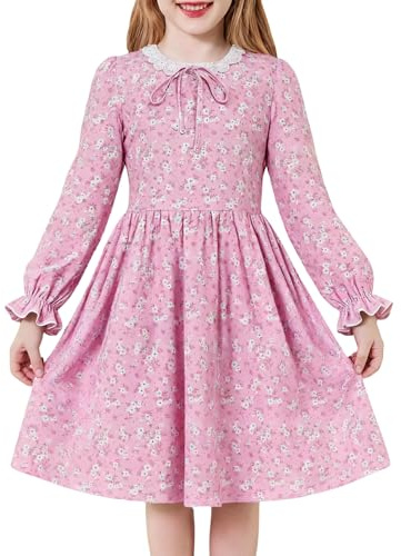 JiAmy Blomklänning flicka långärmad A-linje rund urringning med spets prinsessklänning festklänningar med fickor 4–10 år, ROSA, 4-5 år