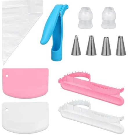 14pz Kit per Decorare Torte, 2 Fondente Righello 2 Raschietti per Impasto 10 Decorare Torte Utensili Include Penna Decorativa con Sacchetti e Beccucci e Accoppiatore
