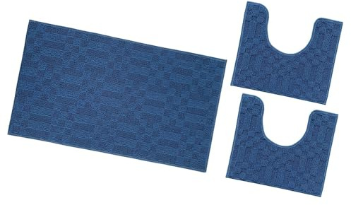 emmevi Tappeto Bagno Tessuto 3D Parure Girowater Set 3 Pezzi Morbido Assorbente Antiscivolo Lavabile Blu