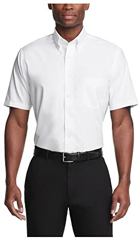 Van Heusen Men's Short Sleeve Dress Shirt Regular Fit Oxford Solid, White, 17.5-18 Neck
