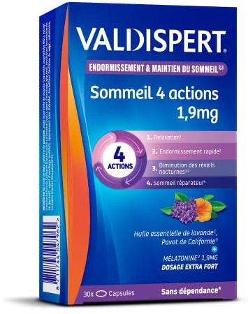 VALDISPERT- Sommeil 4 actions - Mélatonine - Extra fort 1,9 mg - 30 nuits | Endormissement & Maintien du Sommeil - Complément alimentaire à base de mélatonine et plantes - Sans accoutumance -30 Gélules