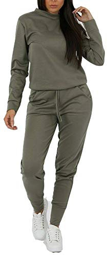 Womens Long Sleeve Loungewear Ladies Two Piece Co ord Set Tracksuit (16-18, Khaki)
