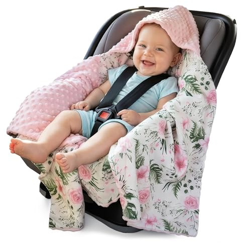 Medi Partners nid d'ange Bebe été Couverture enveloppante Bébé Siege Auto 85x85cm Couvertures Bebe nid d'ange Une Douce Oeko-Tex Moelleuse pour landaus (Fleurs Roses avec Rose Minky)