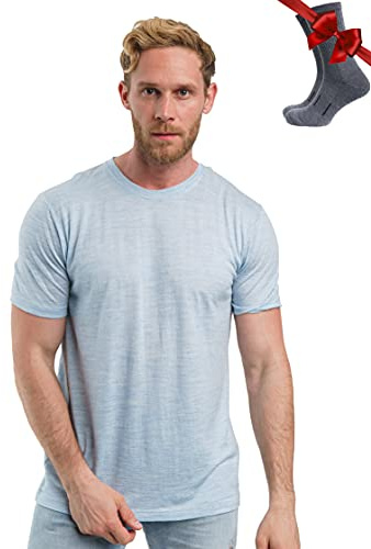 Merino.tech Camiseta Lana Merino Hombre - Camiseta Interior Hombre 100% de Lana Merino con Calcetines (Arctic Blue, Large)