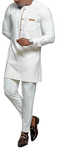 Vêtements pour Hommes Africains Chemise et Pantalon Survêtement Dashiki Fashion Costume Deux Pièces Tenue Traditionnelle Tenue à Manches Longues pour Soirée de Mariage (Color : White, Size : 4XL)