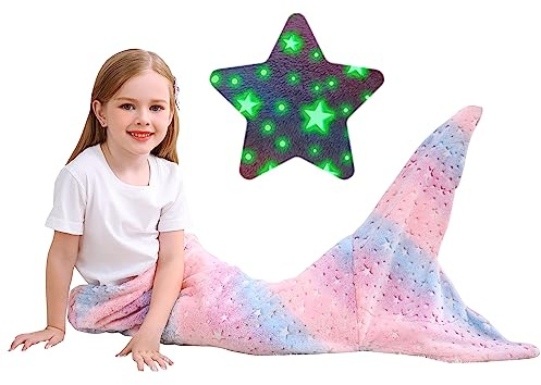 Softan Kids Mermaid Tail Blanket, Glow in The Dark Toddler Mermaid Blanket with Glittering Stars and Rainbow Ombre Fish Scale Design - 17 x 39