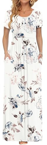 AUSELILY Femmes Maxi Robe Madame Manches Courtes été Casual Longue Robe avec Poches Fleurs Blanches s