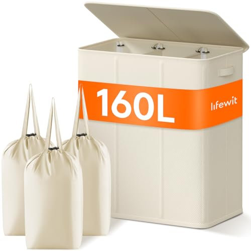 Lifewit 160L Extra Large Laundry Hamper with Lid, 3 Section Laundry Basket with Removable Washing Bags, Divided 3 Compartments Clothes Sorter for Bedroom Bathroom Dorm, Beige