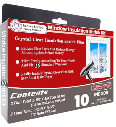 Indoor Window Insulator Kit- 10Windows(62-Inch x 420-Inch),Clear Film