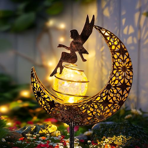 GIGALUMI Solar Lights Outdoor Garden, Fairy Moon Garden Lights Crackle Glass Ball Stake Metal Ornaments, Waterproof Outdoor Decorations for Yard, Path and Patio