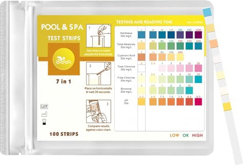 Yuio 100Pcs 7 en 1 Bandelette Piscine Test, Testeur Chlore pour Aquarium et SPA, Rapides Testez Pour Chlore Libre, Chlore Total, Brome, Dureté Totale, Alcalinité Totale, Acide Cyanurique et pH