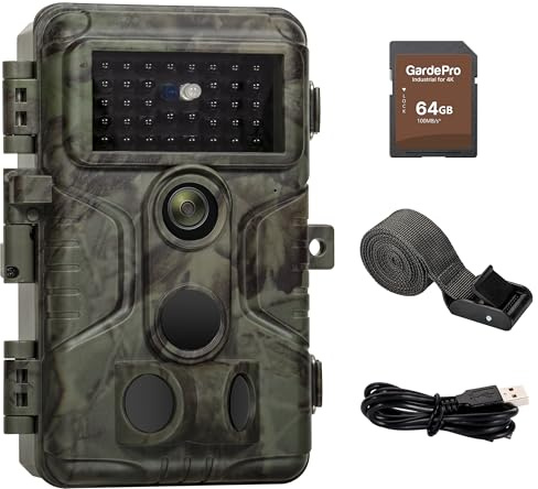 GardePro A3S Wildkamera mit 64GB SD-Karte, 64MP 1296P H.264 Video Wildtierkamera mit Klarer 30m No Glow Infrarot, 0.1s Schnelle Trigger Nachtsicht Bewegungsmelder, 120° Erfassungswinkel, IP66