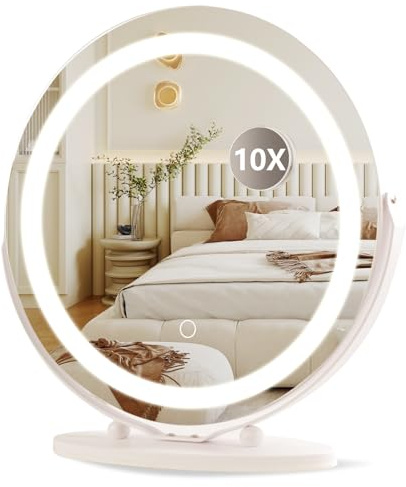 moderntop Hollywood Espejo de tocador con Luces,48 cm, Redondo,3 Modos de iluminación, Aumento de 10x, Control táctil,luz Regulable, rotación de 360°,para Dormitorio y vestidor,Blanco