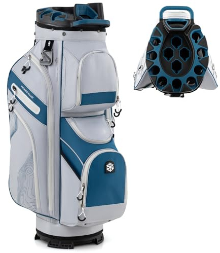 COSTWAY Sac de Golf avec 14 Compartiments, Sac de Club de Golf Portable avec Fermeture à Glissière 11 Poches Sac Isotherme Sangle Rembourrée Poignées Porte-Parapluie Housse de Pluie (Gris+Bleu)
