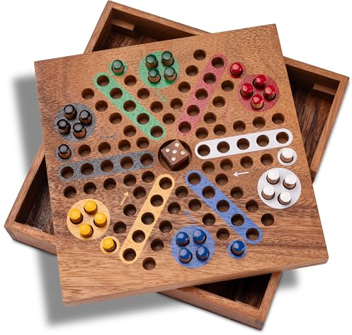 LOGOPLAY Ludo GR. L - tärningsspel - brädspel - familjespel i trä med hopfällbar spelbräda