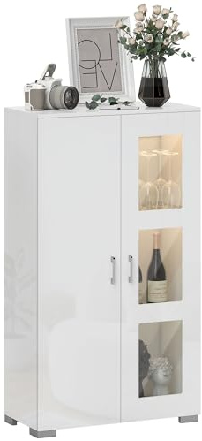 HOMCOM Aparador con LED RGB 16 colores y mando a distancia, alto brillo, mueble vitrina, sala de estar, mueble de almacenamiento con puertas de cristal y estantes de cristal, estilo moderno, 71 x 35 x