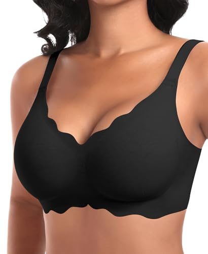 Ganado Seamless Non Wired Bras for Women Wireless Support Push Up Bra for Large Breasts Comfort Soft Padded Ladies Bras Scalloped T Shirt Sleep Bralettes with Extra Extender (#1 Black,L)