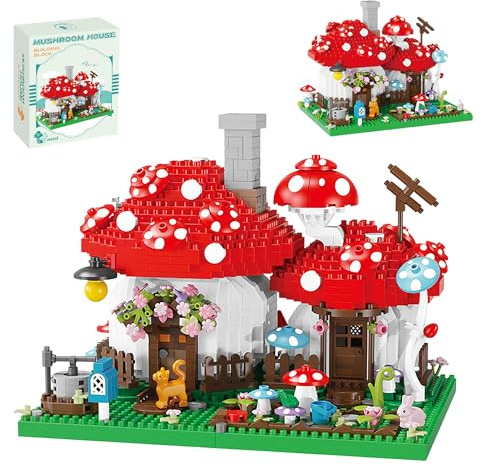 Pasyru Maison Champignon Micro Bloc de Construction Set, 1346 Pièces Construction Briques Maison Champignon Jouet, DIY Kit de Construction de Jouet, Cadeau de pour Ados et Adultes
